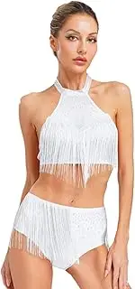 [TiaoBug] Womens Shiny Belly Dance Outfits Halter Neck Crop Tops and Tassel Underwear Shorts for Salsa Samba