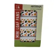 Artisan Set 4 Ceramic Mini Loaf Pans Fall Leaves Holiday 5" x 3.5" x 2" NIB