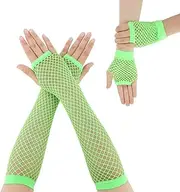 [Styquenzer] 2 Pairs Fishnet Arm Sleeves Long Fingerless Fishnet Gloves Neon Stretchy Fishnet Gloves Green Gloves for Glow Party Outfit Short Fishnet Gloves for Women Neon Clothes for 80s 90s theme Halloween