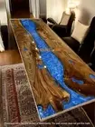 Solid Blue Epoxy Resin Dining Top Table Wooden Live Edge Console Bar, Home Decor