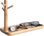 [CYQGDKF] Wood Key Tray for Entryway Table, Jewelry Tray, Catchall Tray with 3 Stand Hanging Organizer, for Rings, Phone, Bracelets Watches (Acacia Wood)