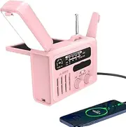 Emergency Hand Crank Radio with LED Flashlight, AM/FM Portable Weather Radio with 8000mAh Power Bank, Bluetooth Speaker for Camping & Emergency (Pink)
