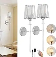 Wireless Wall Sconces Battery Operated, Set of 2 Rechargeable Wall Lights, Dimmable LED Indoor Lamps, Clear Glass Wall Sconce for Bathroom, Bedroom, Living Room, Vanity, Hallway,Chrome