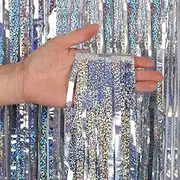 Foil Fringe Curtain, Pack of 2 Tinsel Backdrop, Birthday Party Decorations, Streamer Backdrop Foil Curtains, Graduation Decorations (Laser Glitter Silver)