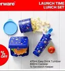 Tupperware Blue Lunch Set Space Sandwich Keeper Tumbler Launch Time 3 Piece New
