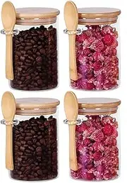 Food Storage Containers Glass Storage Jars with Wooden Spoons and Lid, Glass Jars with Lids for Bath Salts Sugar Spices Coffee Tea Cereal Condiments Food 4 Pieces