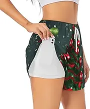 [WURTON] Christmas Tree and Ball Print Exercise Gym Workout Shorts Women's Athletic Shorts Dual-Layered Yoga Running Shorts