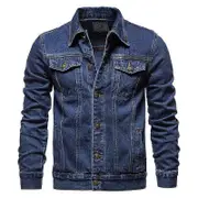 Cotton Men Denim Jacket Casual Solid Color Lapel Single Breasted Jean Jackets Autumn Long Sleeve Mens Coat Top navy blue 4XL 80-88 kg