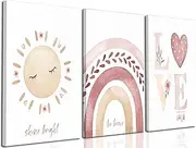 3Pcs Framed Nursery Canvas Wall Art Pink Sun Rainbow Hearts Posters Prints Boho Kids Room Pictures Wall Decor for Toddlers Children Baby Girl Bedroom Home Decoration