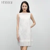 在飛比找momo購物網優惠-【JESSICA】氣質花卉蕾絲拼接紗裙擺無袖洋裝（白）