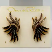 Signed Oscar De La Renta Vintage Gold Tone Black Enamel Crystal Clip Earrings