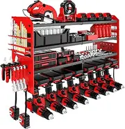 [VeyFolzin.st] Metal Power Tool Organizer Rack Wall Mount, Garage Tool Drill Storage Shelves with Screwdriver Plier Holder (Red, 8 Drills Holder)