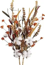 [HUAESIN] 2 Pcs Artificial Fall Flowers 25 inch Fall Floral Stems with 3 Cotton Flowers Cotton Stems Decor Branches Autumn Flower Arrangement for Home Table Centerpeices Thanksgiving Fall Festival Decor