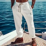 Men's Linen Pants Trousers Summer Pants Drawstring Elastic Waist Straight Leg Coconut Tree Plain Comfort Breathable Full Length Casual Daily Holiday Vacation F