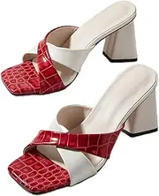 [Boxpopla] Women's Vegan Leather Crossover Strap Chunky Heel Slide Sandals Open Toe Square Slip On Block High Heeled Mules Dress Slipper
