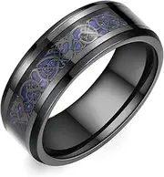 [Adreamz] 8mm Black Tungsten Carbide Ring for Men Women Blue Carbon Fiber Celtic Dragon Inlay Promise Wedding Band Beveled Edges Polished Comfort Fit