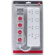4 way Outlet Switched Surge Protected 2400W/240V/10Amp Power Board w/ 1m Cable