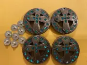 Lot of 4 Brown Cross with Green Sequin Conchos with Screws 1”