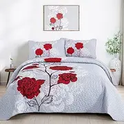 Floral Quilt Set King Size,Elegant Red Floral Printed Bedspread Coverlet 3 Pieces Soft Microfiber Bedding Set with 2 Pillowcases for All Season(104"×90")
