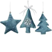 Plush Blue Velvet Christmas Tree and Star Holiday Ornaments - Set of 3