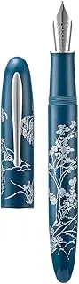 HONG DIAN N23 Blue Rabbit Fountain Pen, Long Blade Medium Nib Silver Trim, New Year Lucky Rabbit Carving Design, Smooth Writing Pen with Converter and Metal Pen Box Set