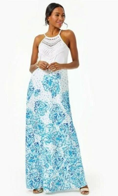 $268 NEW Lilly Pulitzer PEARL SOFT MAXI DRESS Resort White Karma Camellia Blue 4