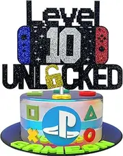 10th Birthday Video Game Cake Topper Level 10 Unlocked Cake Topper for Kids Boy Girl 10-Years-Old Birthday Party Decoration