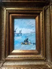 The Harbour Tug aft Wallis Cornwall Original Oil Painting David R Howard 5"X7"
