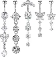 [LAURITAMI] 14G Dangle Belly Button Rings Surgical Steel Belly Button Rings Dangling CZ Belly Rings for Women Silver Rose Gold Belly Button Piercing Jewelry Silver