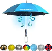 MISTERBREEZE Sun Umbrella with Fan and Mister. A portable misting fan that blocks 99.9% of all UVA and UVB rays. Cooling for festival, beach and summer activities.