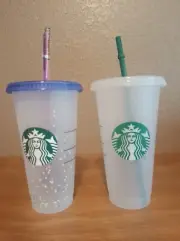 Lot of 2 Starbucks Reusable 24 Oz Ounce Cups Lids Straws One Confetti Both New