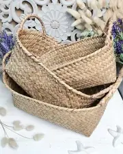 Set 3 Natural Woven STRAW Baskets Storage Organisation Planter Coastal FREE POST