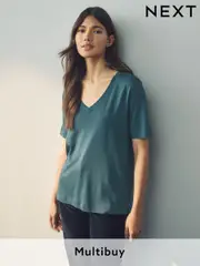 Teal Blue Cotton Modal Slouch V-Neck T-Shirt (E59962) | $19