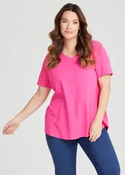 [Virtuelle] Taking Shape Good Earth Australian Cotton V-neck T-shirt Size 16 in Berry Fuchsia - Plus Size Women's Clothing Berry Fuchsia