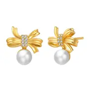 Copper Pearl & Bow Stud Earrings