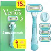 Gillette Venus Extra Smooth Razor for Women, Includes 1 Reusable Razor Handle + 4 Refills, 5-Bladed, Ergonomic No-Slip Gel Handle and Shower Holder