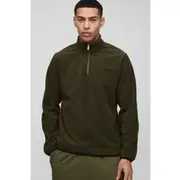 Mens Khaki Regular Fit Embroidered Polar Fleece Quarter Zip Sweatshirt