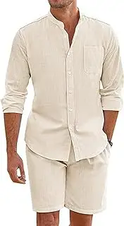 [HanzhuoLG] Men's Casual Cotton Linen Two Piece Set Solid Color Simple Henley Collar Long Sleeve Linen Shirt & Linen Shorts 2 Pcs Set Small Apricot