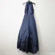 Monique Lhuillier Navy Satin Halter-Top Backless Ball Gown with Structured Skirt