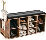 Giantex Shoe Storage Bench with Umbrella Stand, 10-Cube Entryway Bench with Adjustable Shelf & Padded Cushion, Cubby Shoe Rack Organizer for Living Room, Bedroom & Checkroom (Black & Rustic Brown)