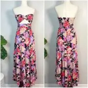 PETAL + PUP Women's Size L Floral Sarai Strapless Maxi Dress Ring Detail Cut Out