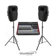 Live PA Value Package - Powered Mixer + 12" Speakers + Speaker Stands and Cables
