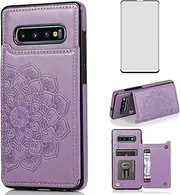 [Asuwish] Phone Case for Samsung Galaxy S10 with Tempered Glass Screen Protector and Wallet Cover Flip Credit Card Holder Stand Cell Accessories Glaxay S 10 Edge Gaxaly 10S GS10 X10 Women Men Purple