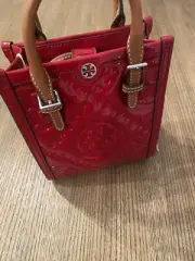 Tory Burch T Monogram Patent Embossed Mini Tote ~ Tory Red
