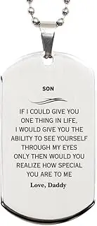 Engraved Silver Dog Tag for Son - See Yourself Through My Eyes - Perfect Idea Gifts for Birthday, Graduation, Christmas - Inspirational Confidence from Daddy, Silver Plated Zinc, Cubic Zirconia