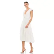 Ieena for Mac Duggal Pleated Cap Sleeve Belted A-Line Midi Dress in White 2 New