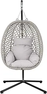 Hanging Egg Chair with Cushions, Steel Frame Rattan Swing Chair for Patio Balcony Indoor Outdoor, Foldable Design with 350lbs Capacity & Weatherproof Base (Folding Gray)