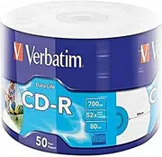 Verbatim CD-R Inkjet Printable, Printable CD Blanks with 700MB Data Storage, Ideal for Photo and Video Recording, Compatible with Any Conventional CD Drive, Pack of 50 Spindle