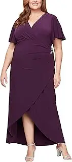 [S.L. Fashions] Women's Plus Size Long Length Hi-Low Gown with Flutter Sleeves, Faux Wrap Wedding Guest Dress