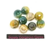 9 Pretty Faceted Round Forest Line Agate w/ Silver Lustre Gemstone Beads - 10 mm